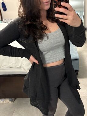 Dark Charcoal Open-Front Knit Cardigan